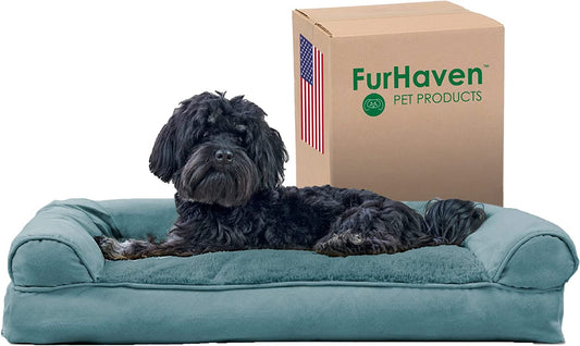 Furhaven Pillow Dog Bed for Medium/Small Dogs W/ Removable Bolsters & Washable Cover - Plush & Suede Sofa - Deep Pool, Medium