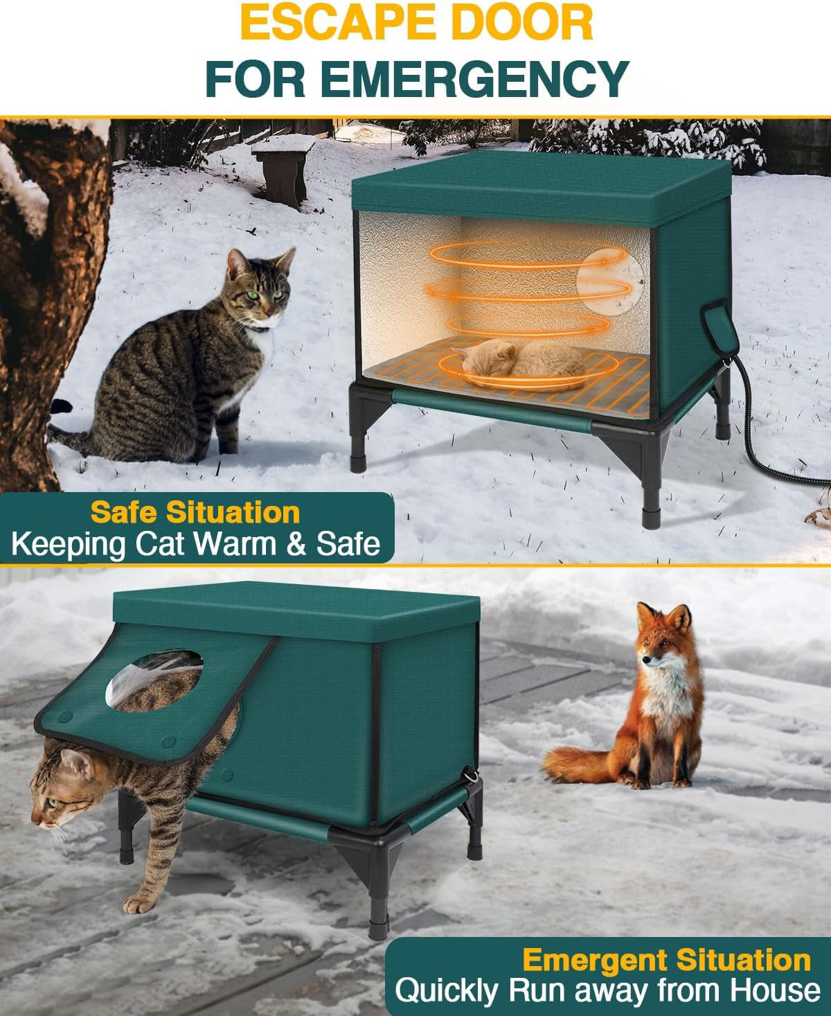 Clawsable Premium Heated Cat House for Outside in Winter, Elevated, 100% Waterproof, Safe Escape Door, Insulated Outdoor Feral Cat Shelter w/Heater for Stray Kitty