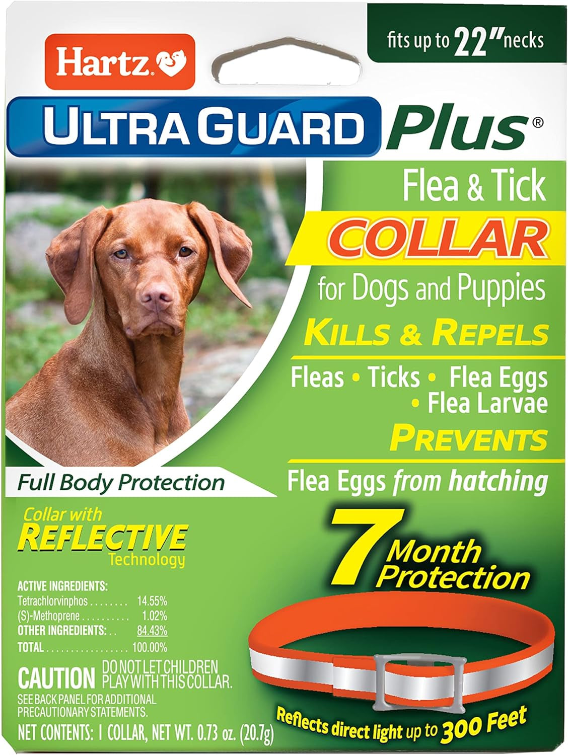 Hartz Ultraguard plus Flea & Tick Collar for Dogs and Puppies, 7 Month Flea and Tick Prevention and Protection per Collar, Reflective Orange, up to 22 Inch Neck