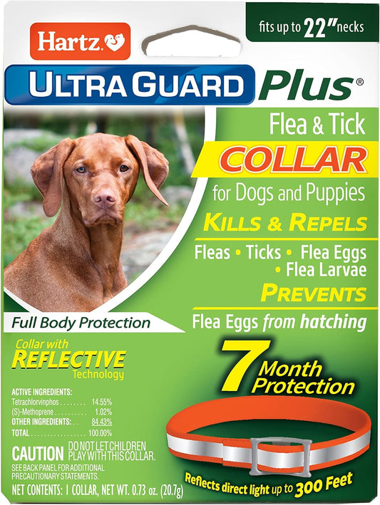 Hartz Ultraguard plus Flea & Tick Collar for Dogs and Puppies, 7 Month Flea and Tick Prevention and Protection per Collar, Reflective Orange, up to 22 Inch Neck