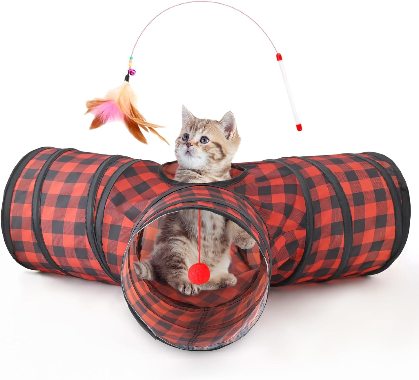 Pet Cat Tunnel Tube Cat Toys 3 Way Collapsible, Cat Tunnels for Indoor Cats，Kitty Tunnel Bored Cat Pet Toys Peek Hole Toy Ball Cat, Puppy, Kitty, Kitten, Rabbit Red Lattice