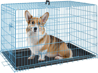 FDW Dog Crate Dog Cage Pet Crate for Large Dogs 30 Inch Folding Metal Pet Cage Double Door W/Divider Panel Indoor Outdoor Dog Kennel Leak-Proof Plastic Tray Wire Animal Cage,Blue