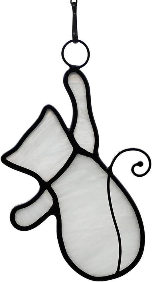 BOXCASA White Cat Decor Stained Glass Window Hanging,Funny Cat Gifts for Cat Lovers Stained Glass Suncatchers,Cat Themed Gifts Cat Decoration for Livingroom Bedroom Kitchen Room