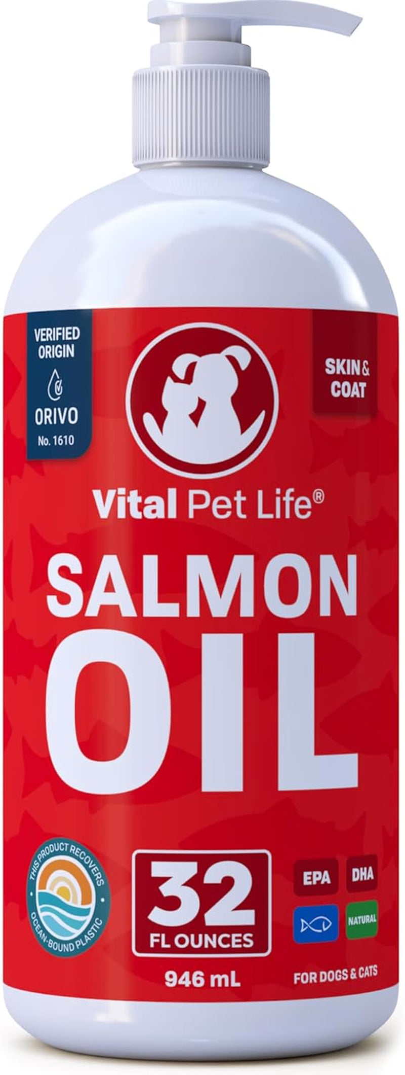 Salmon Oil for Dogs & Cats - Healthy Skin & Coat, Fish Oil, Omega 3 EPA DHA, Liquid Food Supplement for Pets, All Natural, Supports Joint & Bone Health, Natural Allergy & Inflammation Defense, 32 Oz