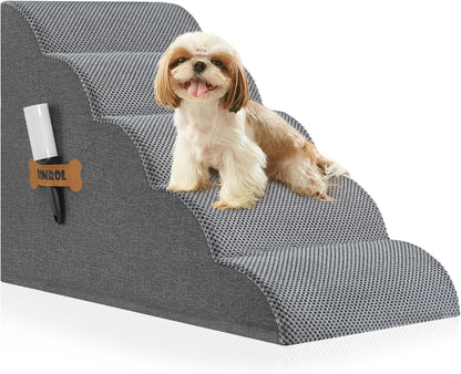 High Density Foam Dog Stairs Ramp for Beds Couches, Romrol Pet Steps with Durable Non-Slip Waterproof Fabric Cover, Dog Slope Stairs Friendly to Small Dogs and Cats or Pets Joints, 5-Tiers, Grey