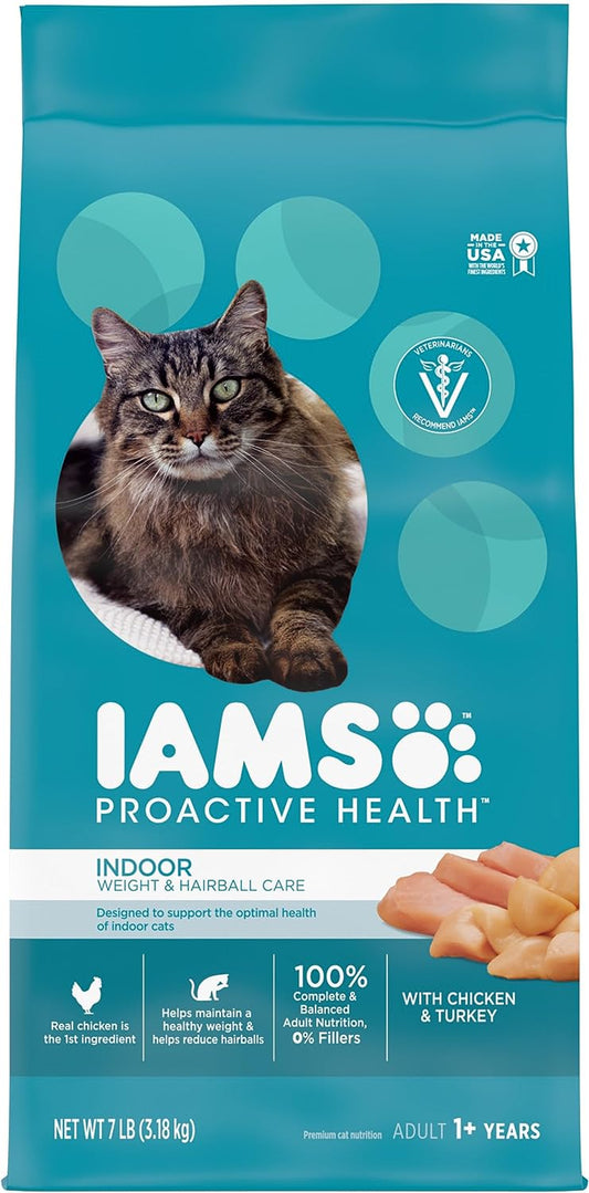 IAMS PROACTIVE HEALTH Adult Indoor Weight Control & Hairball Care Dry Cat Food with Chicken & Turkey Cat Kibble, 7 Lb. Bag