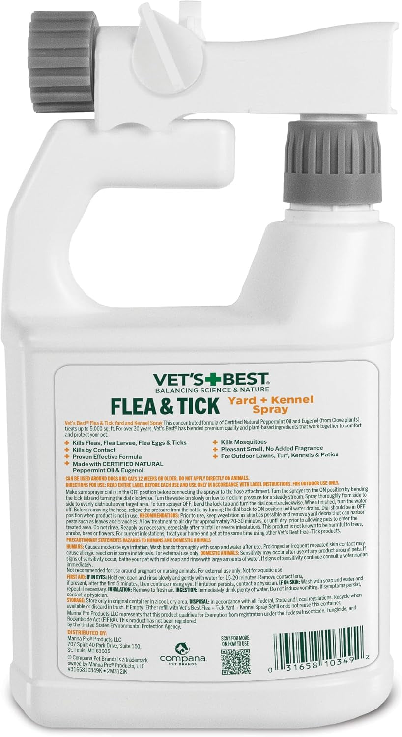 Vet'S Best Flea and Tick Yard and Kennel Spray - Kills Mosquitoes with Certified Natural Oils - Plant Safe with Ready-To-Use Hose Attachment - 32 Oz