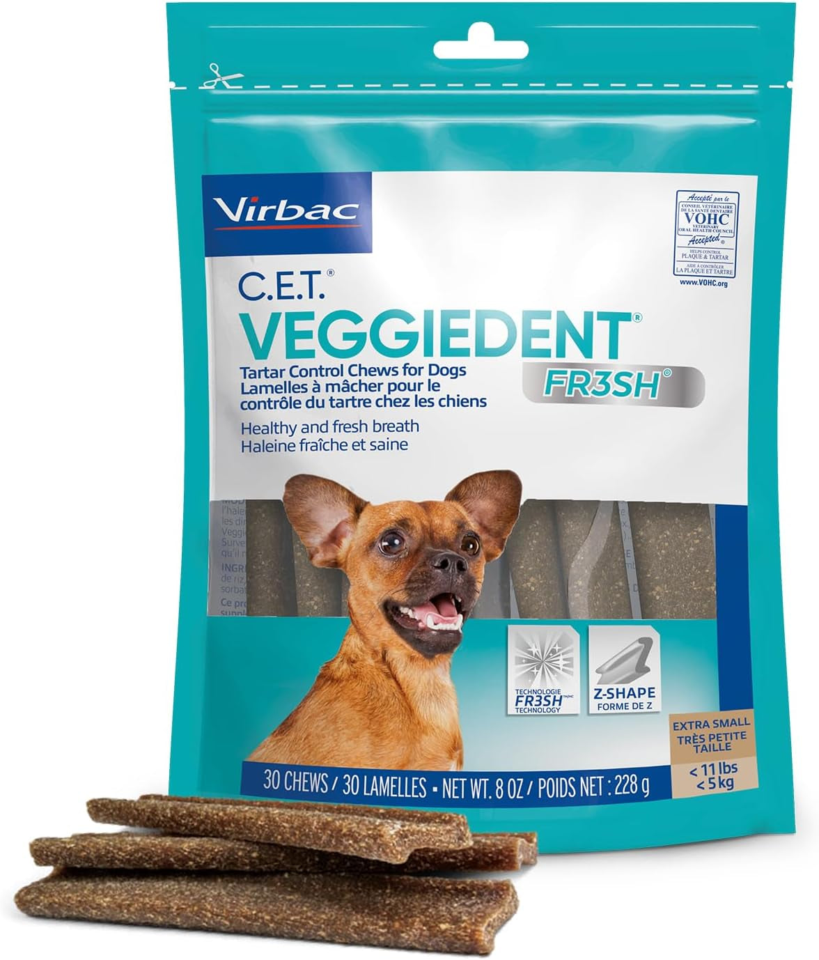 Virbac C.E.T. VEGGIEDENT FR3SH Tartar Control Chews for Dogs, Extra Small, 8 Oz (Pack of 1)