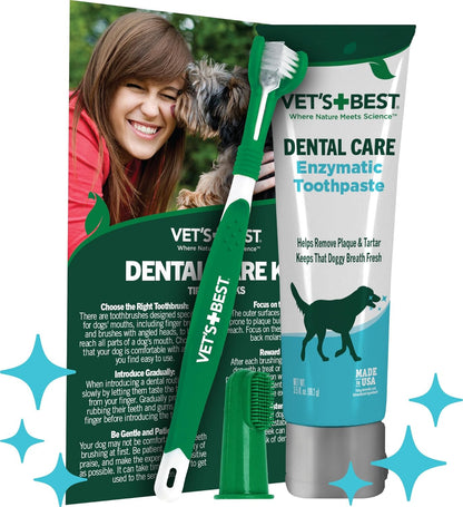 Vet's Best Dog Toothbrush & Enzymatic Toothpaste Kit - Teeth Cleaning - Made with Natural Ingredients - Reduces Plaque, Whitens Teeth, Freshens Breath - Bonus Care Guide & Finger Brush Included