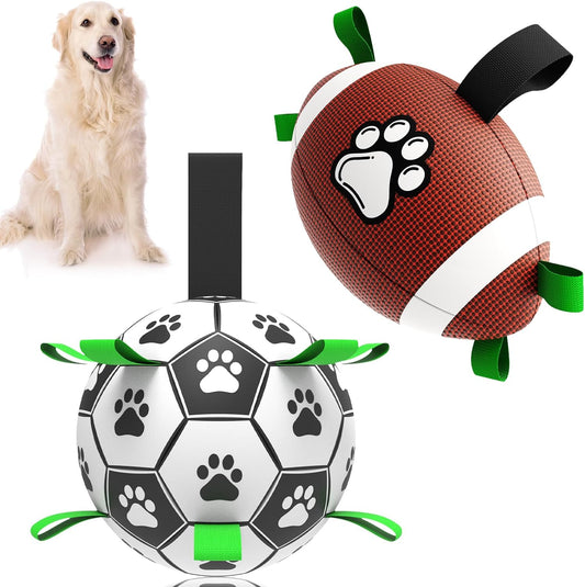 Dog Soccer Ball Football Set - 2 PCS Dog Balls with Strap for Tug of War, Soccer Ball Football Toys for Small Medium Large Dogs, Herding Ball for Dogs, Dog Birthday Toy