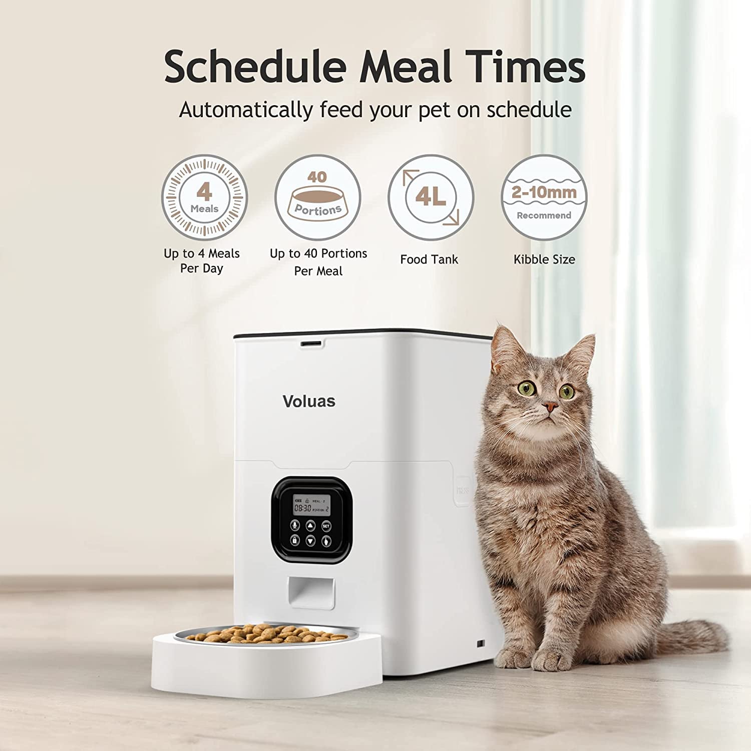 VOLUAS Automatic Cat Feeders - Dry Food Dispenser with Timer, Desiccant Bag, Programmable Portion Size Control 4 Meals per Day, 10S Voice Recorder