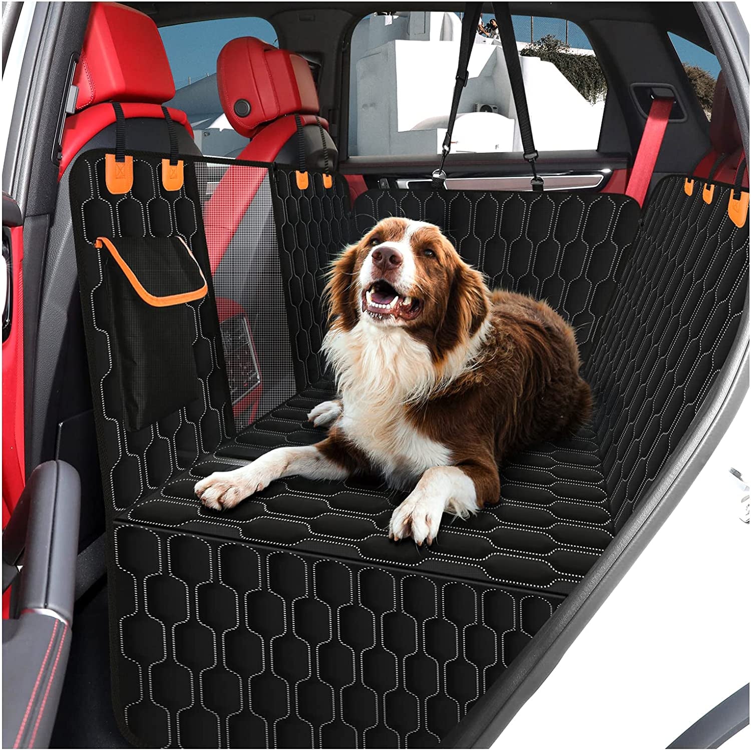 Dog Car Seat Cover for Back Seat,Waterproof with Mesh Window and Storage Pocket,Durable Scratchproof Nonslip Rear Dog Car Hammock with Universal Size Fits for Car/Truck/Suv