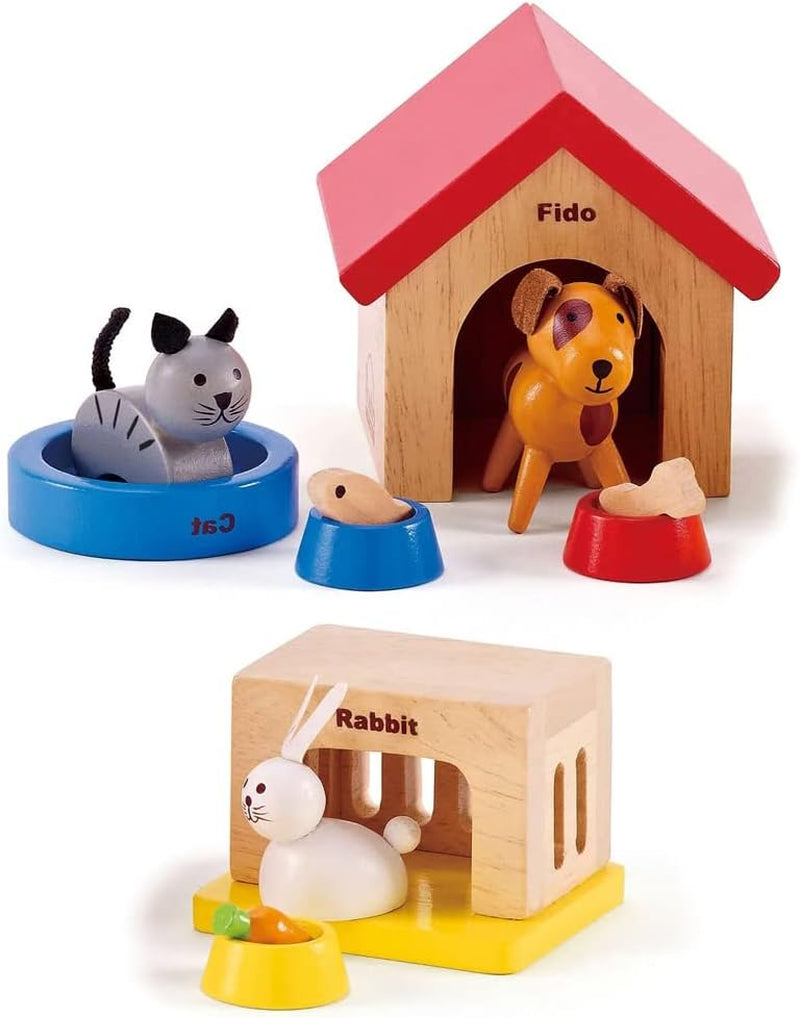 Family Pets Wooden Dollhouse Animal Set by Hape | Complete Your Wooden Dolls House with Happy Dog, Cat, Bunny Pet Set with Complimentary Houses and Food Bowls