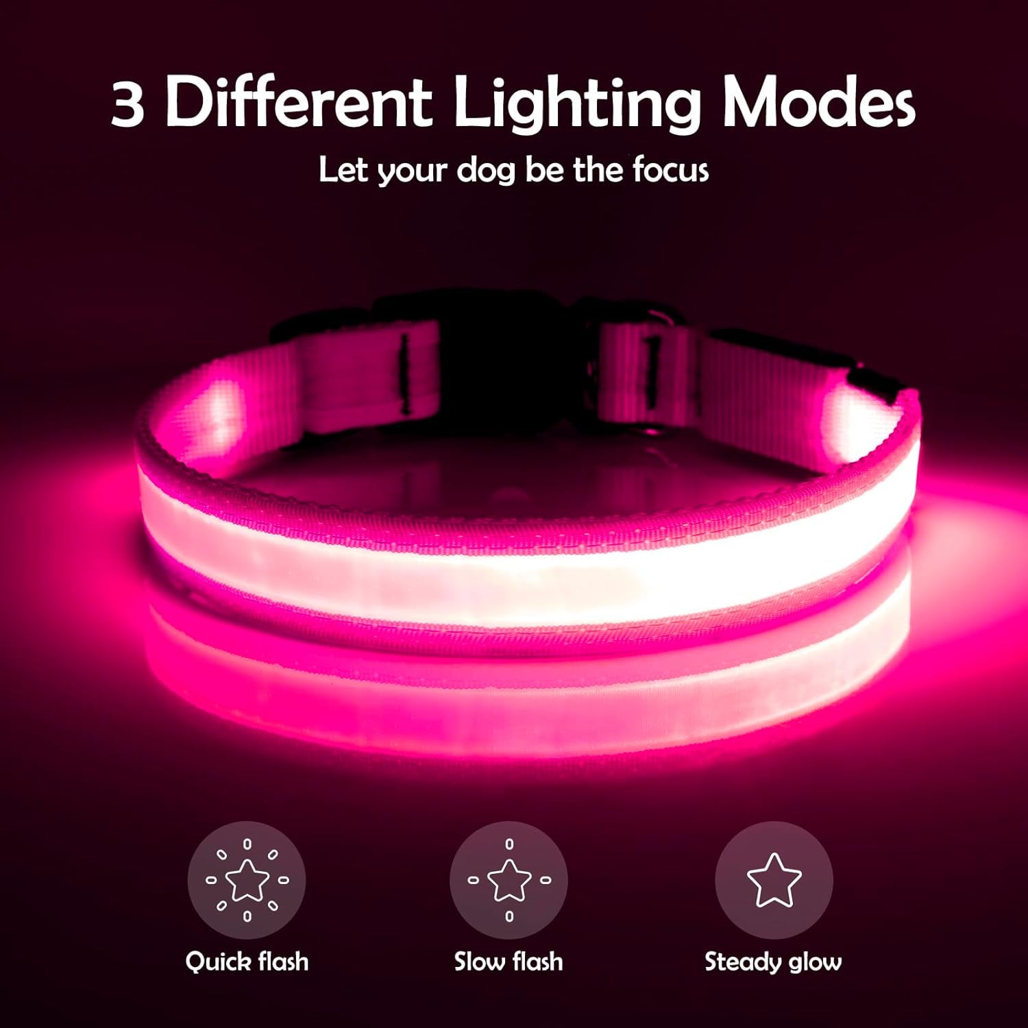 LED Dog Collar, Light up Dog Collar Adjustable USB Rechargeable Super Bright Safety Light Glowing Collars for Dogs (Medium, Pink)