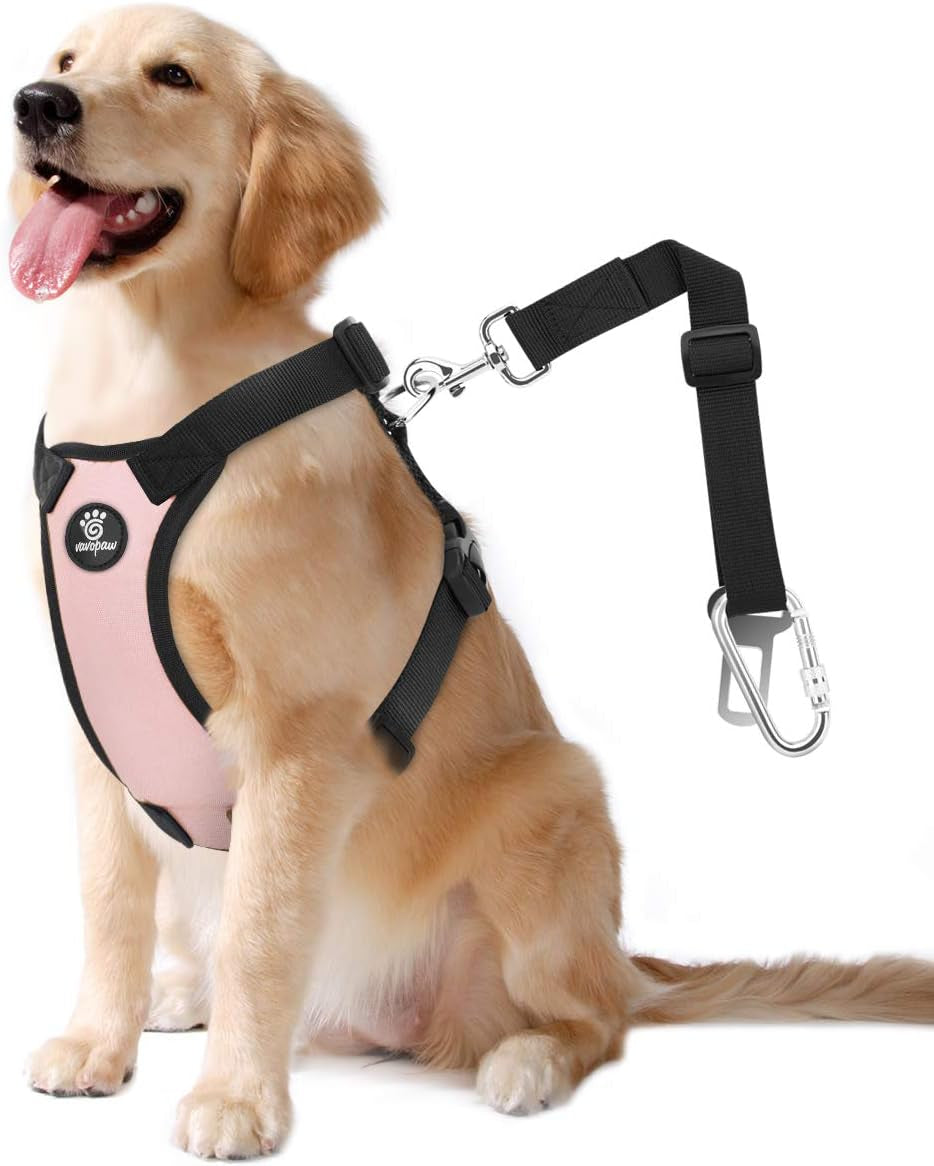 Dog Vehicle Safety Vest Harness, Adjustable Soft Padded Mesh Car Seat Belt Leash Harness with Travel Strap and Carabiner for Most Cars, Large Size, Pink