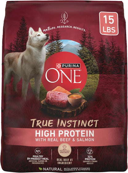 Purina ONE Natural High Protein Dry Dog Food Dry True Instinct with Real Beef and Salmon with Bone Broth and Added Vitamins, Minerals and Nutrients - 15 Lb. Bag