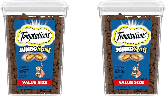 Temptations Jumbo Stuff Crunchy and Soft Cat Treats, Savory Salmon Flavor, 14 Oz. Tub (Pack of 2)