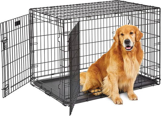 Midwest Homes for Pets Large Dog Crate | Midwest Life Stages Double Door Folding Metal Crate | Divider Panel, Floor Protecting Feet, Leak-Proof Pan | 42L X 28W X 30H Inches for Large Dog Breed