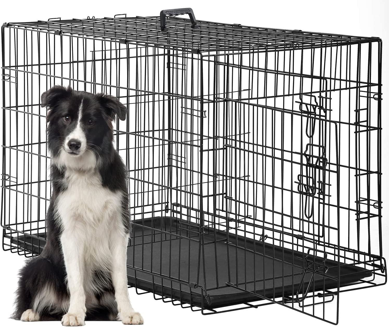 FDW Dog Crate Dog Cage Pet Crate for Large Dogs Folding Metal Pet Cage Double Door W/Divider Panel Indoor Outdoor Dog Kennel Leak-Proof Plastic Tray Wire Animal Cage (Black, 48 Inch)