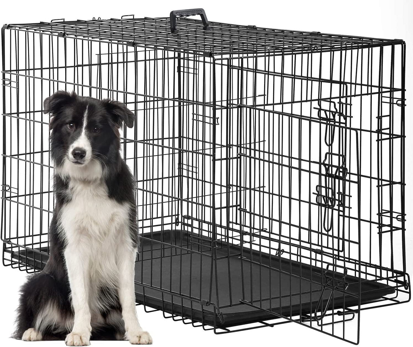 FDW Dog Crate Dog Cage Pet Crate for Large Dogs Folding Metal Pet Cage Double Door W/Divider Panel Indoor Outdoor Dog Kennel Leak-Proof Plastic Tray Wire Animal Cage (Blue, 36 Inch)