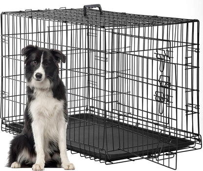 FDW Dog Crate Dog Cage Pet Crate for Large Dogs Folding Metal Pet Cage Double Door W/Divider Panel Indoor Outdoor Dog Kennel Leak-Proof Plastic Tray Wire Animal Cage (Black, 36 Inch)