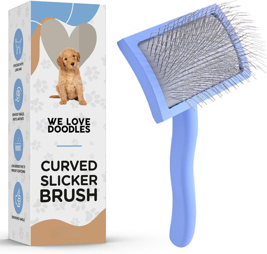 We Love Doodles Dog Slicker Brush for Grooming Pet Hair - Best Brushes for Poodle & Golden Doodle - Long Haired Brush for Dogs - Goldendoodle Long Pin Brush for Dematting (Medium Curved)