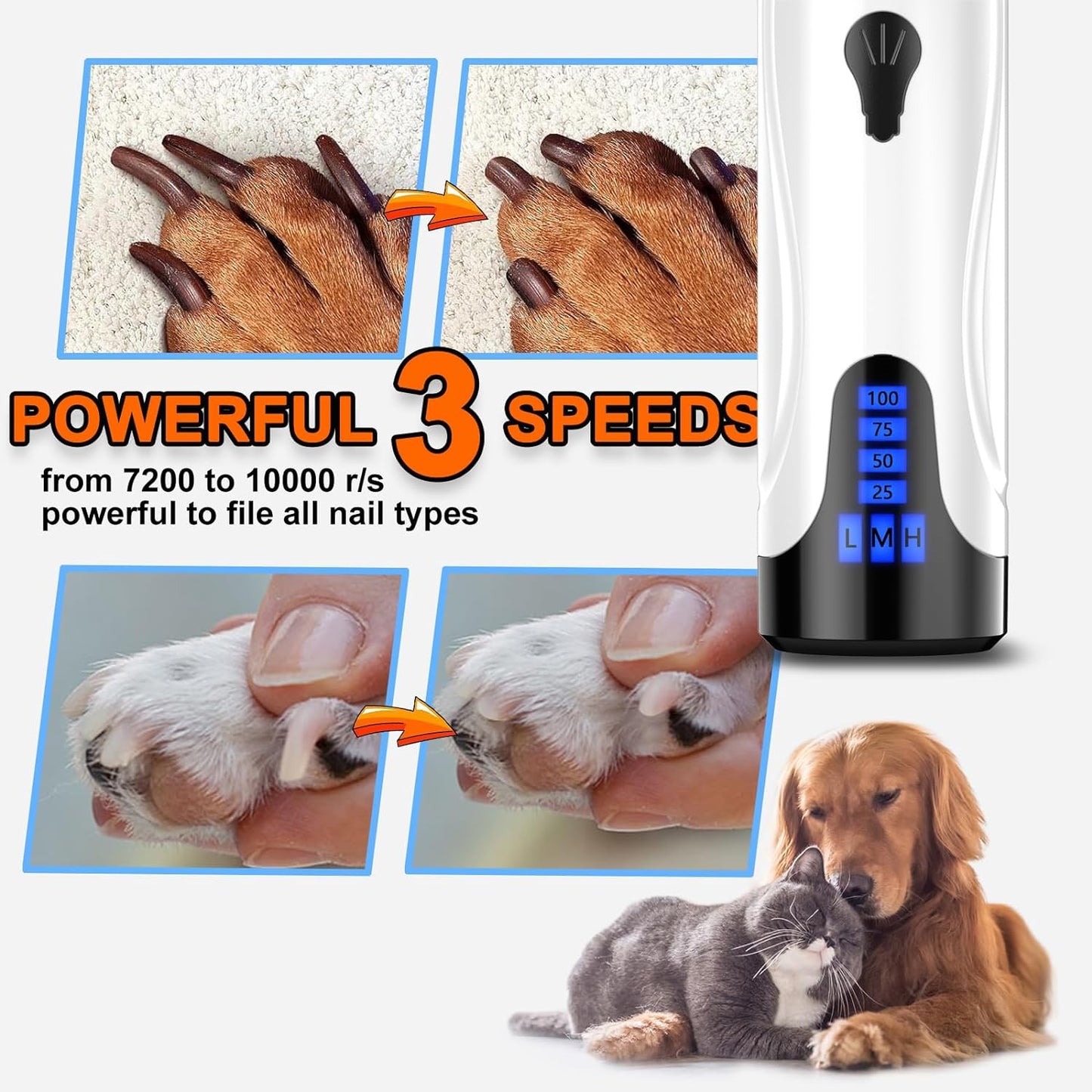 Dog Nail Grinder, Dog Nail Trimmers and Clippers Kit, Super Quiet Electric Pet Nail Grinder, Rechargeable, for Small Large Dogs & Cats Toenail & Claw Grooming,3 Speeds, Dual Lights, 2 Grinding Wheels