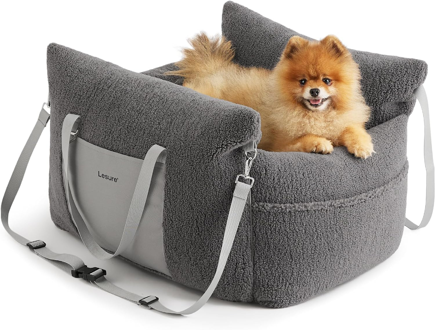 Lesure Small Dog Car Seat for Small Dogs - Sherpa Dog Booster Seat for Car with Storage Pockets and Clip-On Safety Leash and Thickened Memory Foam Filling, Puppy Travel Carrier Bed, Dark Grey