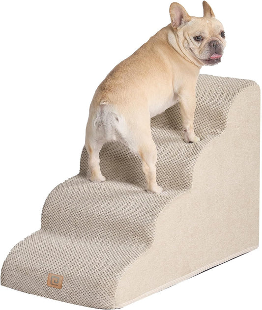 EHEYCIGA Curved Dog Stairs for High Beds 19.7" H, 4-Step Dog Steps for Small Dogs and Cats, Pet Stairs for High Bed Climbing, Non-Slip Balanced Pet Step Indoor, Beige