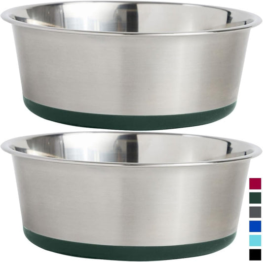 Gorilla Grip Stainless Steel Metal Dog Bowl Set of 2, Rubber Base, Heavy Duty, Rust Resistant, Food Grade BPA Free, Less Sliding, Quiet Pet Bowls for Cats and Dogs, Holds 4 Cups (32 Fl Oz), Green