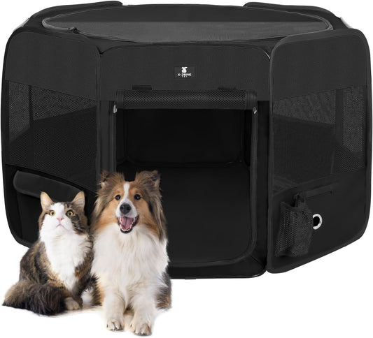 X-ZONE PET Dog Playpen Portable Pet Play Pens for Puppies, Cat, Rabbit, Chicks, Foldable Exercise Play Tent Kennel Crate, Indoor/Outdoor Travel Camping Black Large