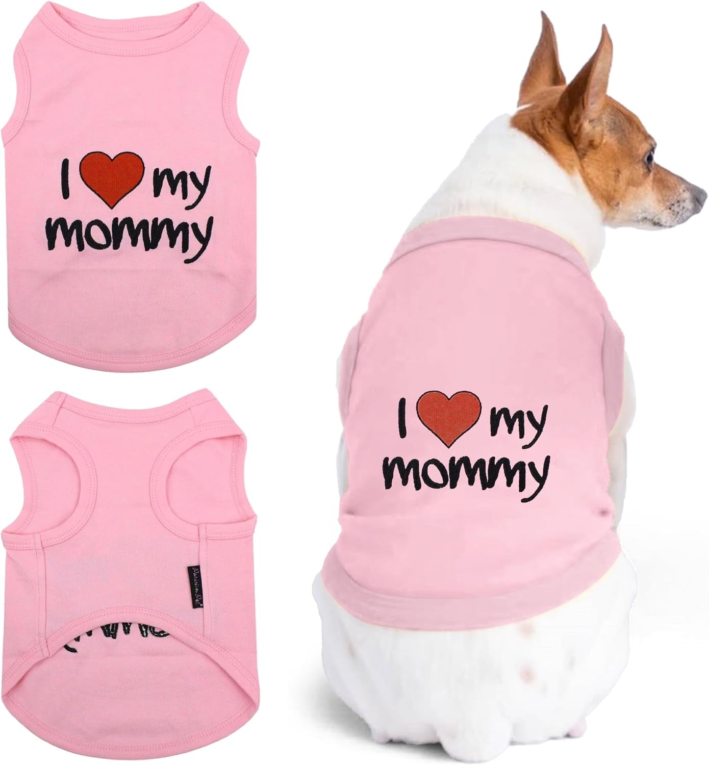 Parisian Pet Dog T-Shirt with Embroidered 'I Love My Mommy' Words - 100% Cotton, Pink Dog Clothes - Breathable Sleeveless Pet Vest - Machine Washable Dog Shirts for Small Dogs