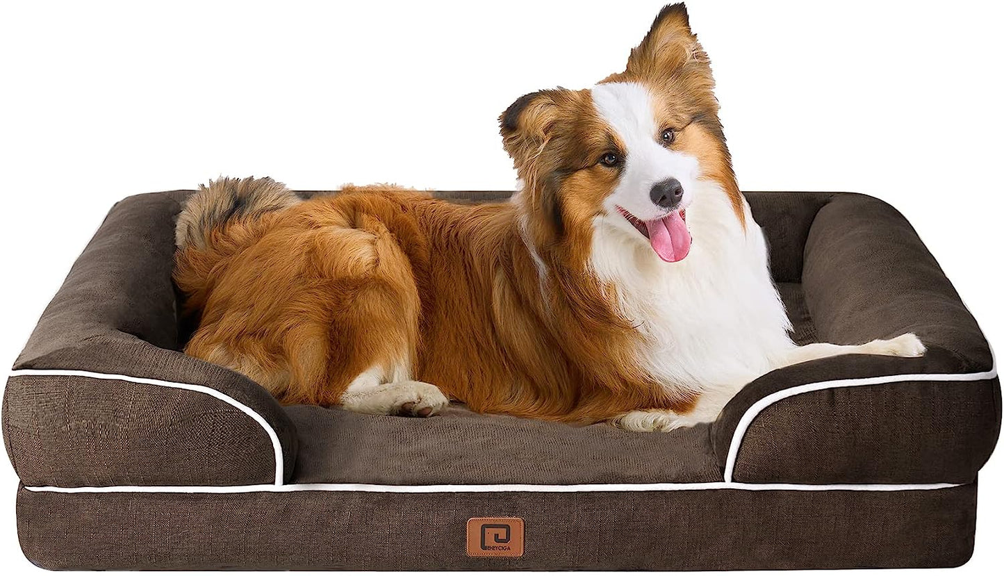 EHEYCIGA Orthopedic Dog Beds for Large Dogs, Waterproof Memory Foam Large Dog Bed with Sides, Non-Slip Bottom and Egg-Crate Foam Large Dog Couch Bed with Washable Removable Cover, Brown