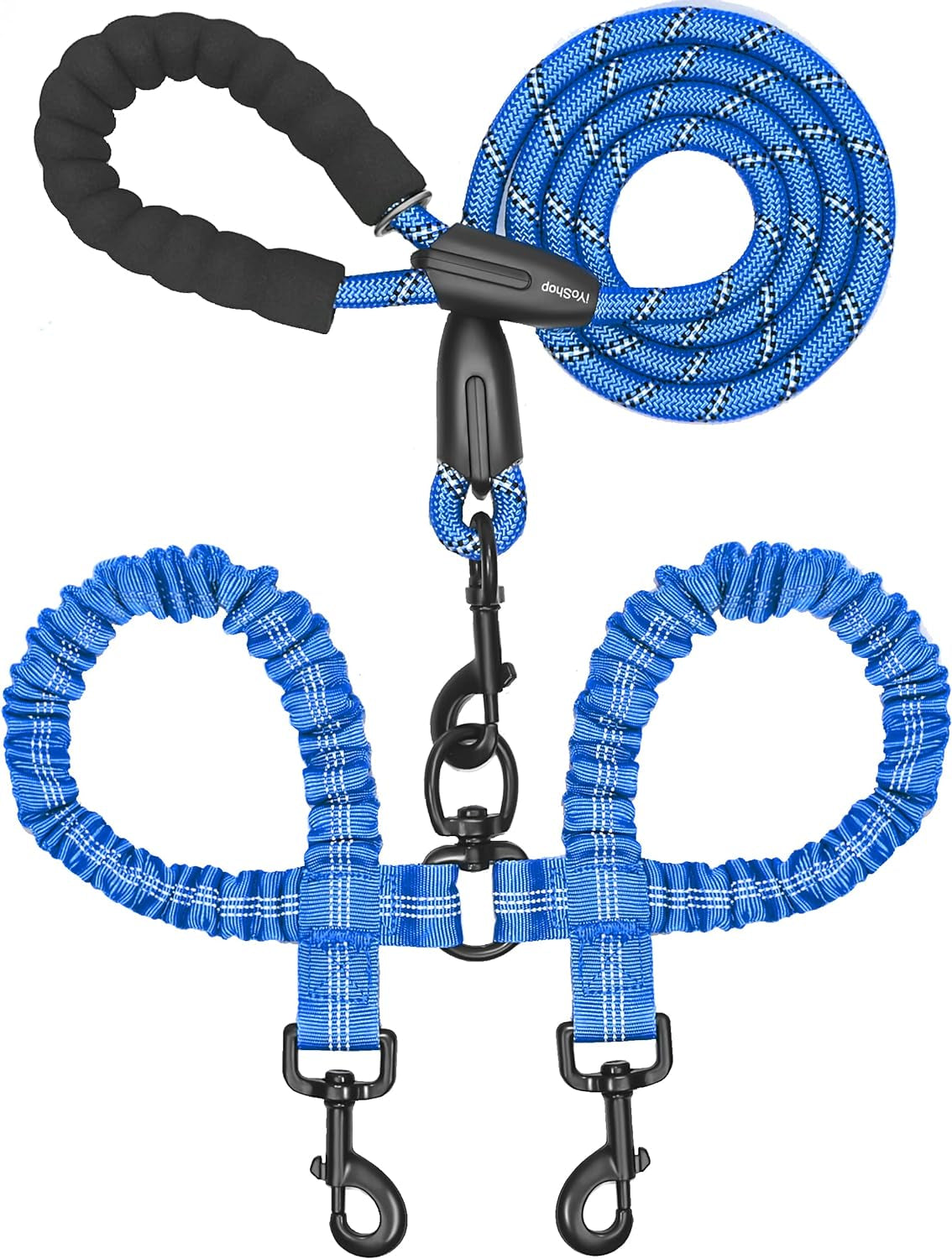 Iyoshop Dual Dog Leash, Double Dog Leash, 360 Swivel No Tangle Walking Leash, Shock Absorbing Bungee for Two Dogs, Royal Blue, Large (25-150 Lbs)