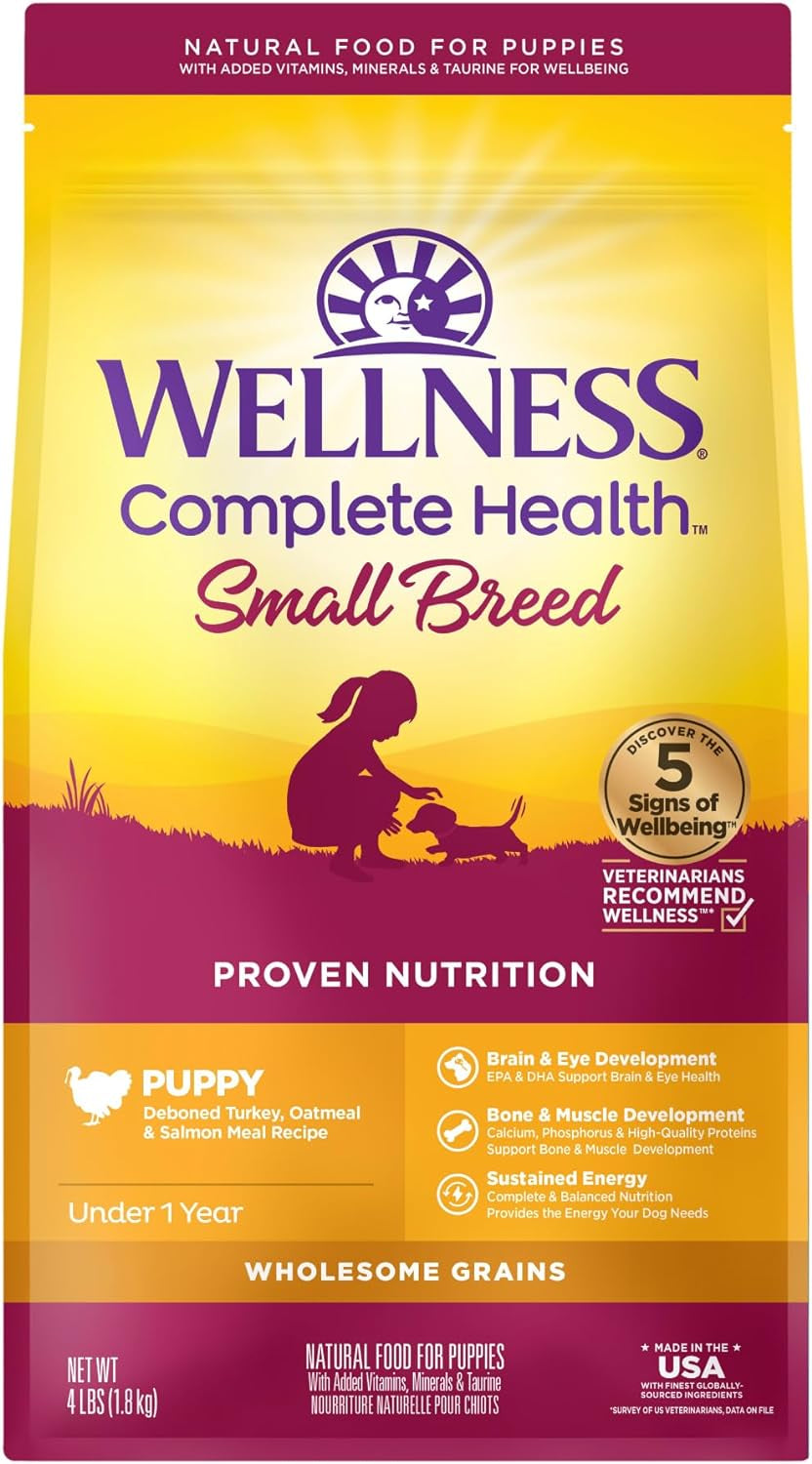 Wellness Complete Health Small Breed Dry Dog Food with Grains, Natural Ingredients, Made in USA with Real Turkey, for Dogs up to 25 Lbs. (Puppy, Turkey, Salmon & Oatmeal, 4-Pound Bag)