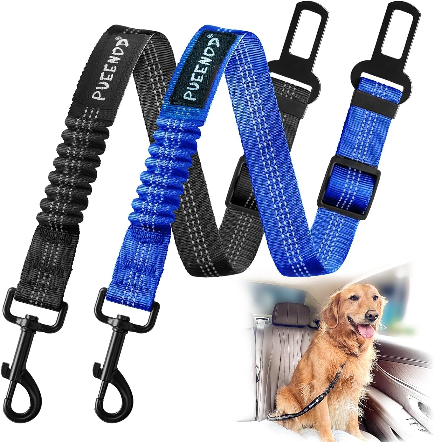 2 Pack Dog Seat Belt Adjustable Dog Car Seatbelts for Vehicle Nylon Pet Safety Seat Belt with Elastic Bungee Buffer Reflective & Durable Car Harness for Dogs… (Black + Blue)