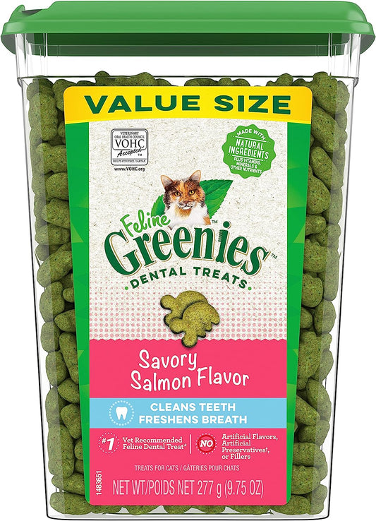 Greenies Feline Adult Natural Dental Care Cat Treats, Savory Salmon Flavor, 9.75 Oz. Tub