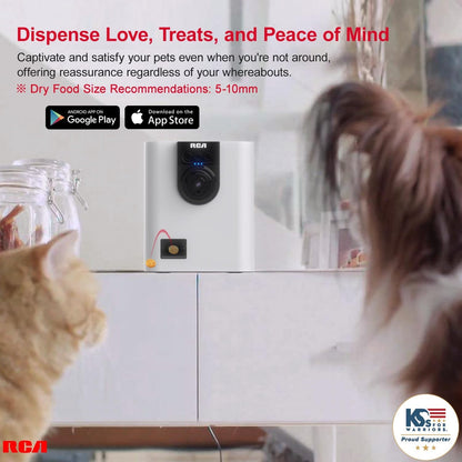 RCA Dog & Cat Smart Camera Treat Dispenser, Wifi-Enabled, 1080P HD Camera, Two-Way Audio, App Control, Compatible with Alexa & Google Assistant – for Small Treats & Kibble