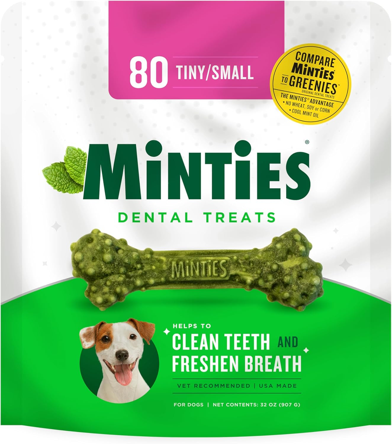 Minties Dental Chews for Dogs, 80 Count, Vet-Recommended Mint-Flavored Dental Treats for Tiny/Small Dogs 5-24 Lbs, Dental Bones Clean Teeth, Fight Bad Breath, and Removes Plaque and Tartar