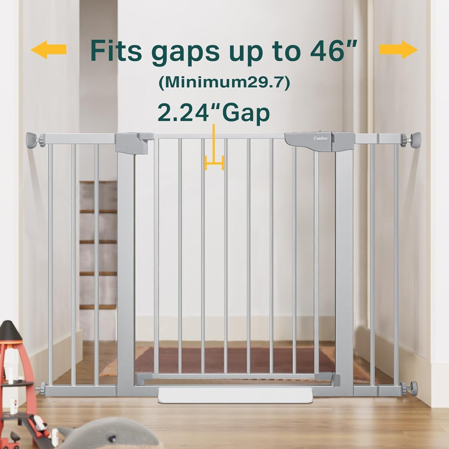 Cumbor 29.7-46" Baby Gate for Stairs, Mom's Choice Awards Winner-Auto Close Dog Gate for the House, Easy Install Pressure Mounted Pet Gates for Doorways, Easy Walk Thru Wide Safety Gate for Dog,Silver