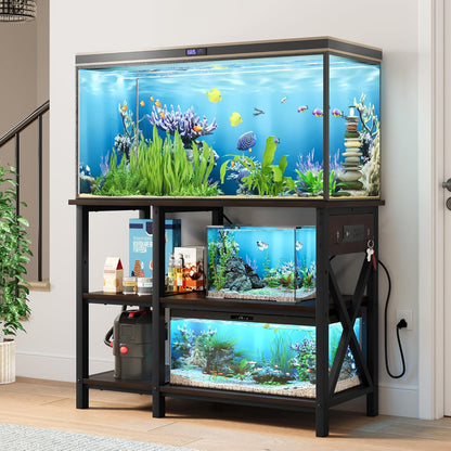 YITAHOME 40-50 Gallon Fish Tank Stand with Power Outlet, 40x18 Inch Metal Aquarium Stand with 3-Tier Adjustable Storage Shelves and Hooks, 700LBS Capacity, Black