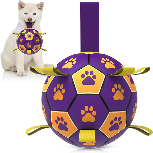 Dog Ropes Toys Soccer Ball with Straps, Interactive Dog Toys for Tug of War, Puppy Birthday Gifts, Dog Tug Toy, Dog Water Toy, Durable Dog Balls for Small & Medium Dogs-Purple&Gold（6 Inch）