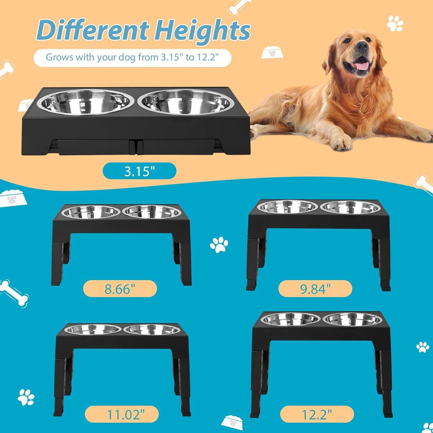 Niubya Elevated Dog Bowls with 2 Stainless Steel Dog Food Bowls, Raised Dog Bowl Adjusts to 5 Heights (3.15", 8.66", 9.84",11.02", 12.2") for Small Medium and Large Dogs