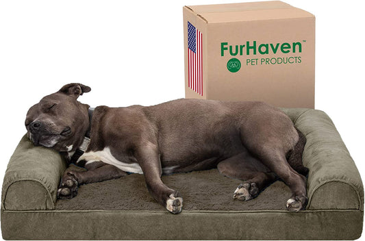 Furhaven Orthopedic Dog Bed for Large/Medium Dogs W/ Removable Bolsters & Washable Cover, for Dogs up to 55 Lbs - Faux Fur & Velvet Sofa - Dark Sage, Large