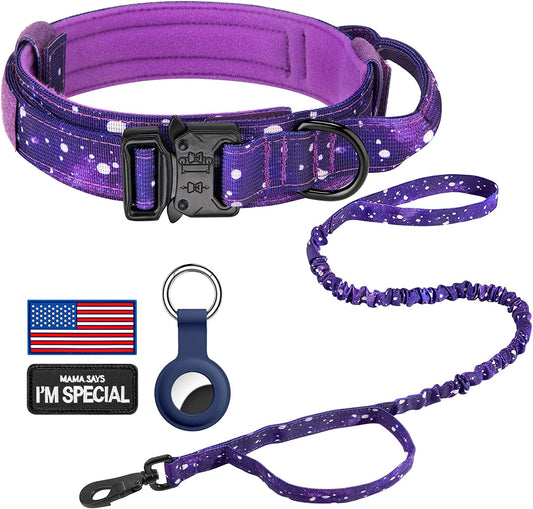 DAGANXI Tactical Dog Collar, Adjustable Military Training Nylon Dog Collar with Control Handle and Heavy Metal Buckle for Medium and Large Dogs, with Patches and Airtags Case (M, Purple Sky-Set)