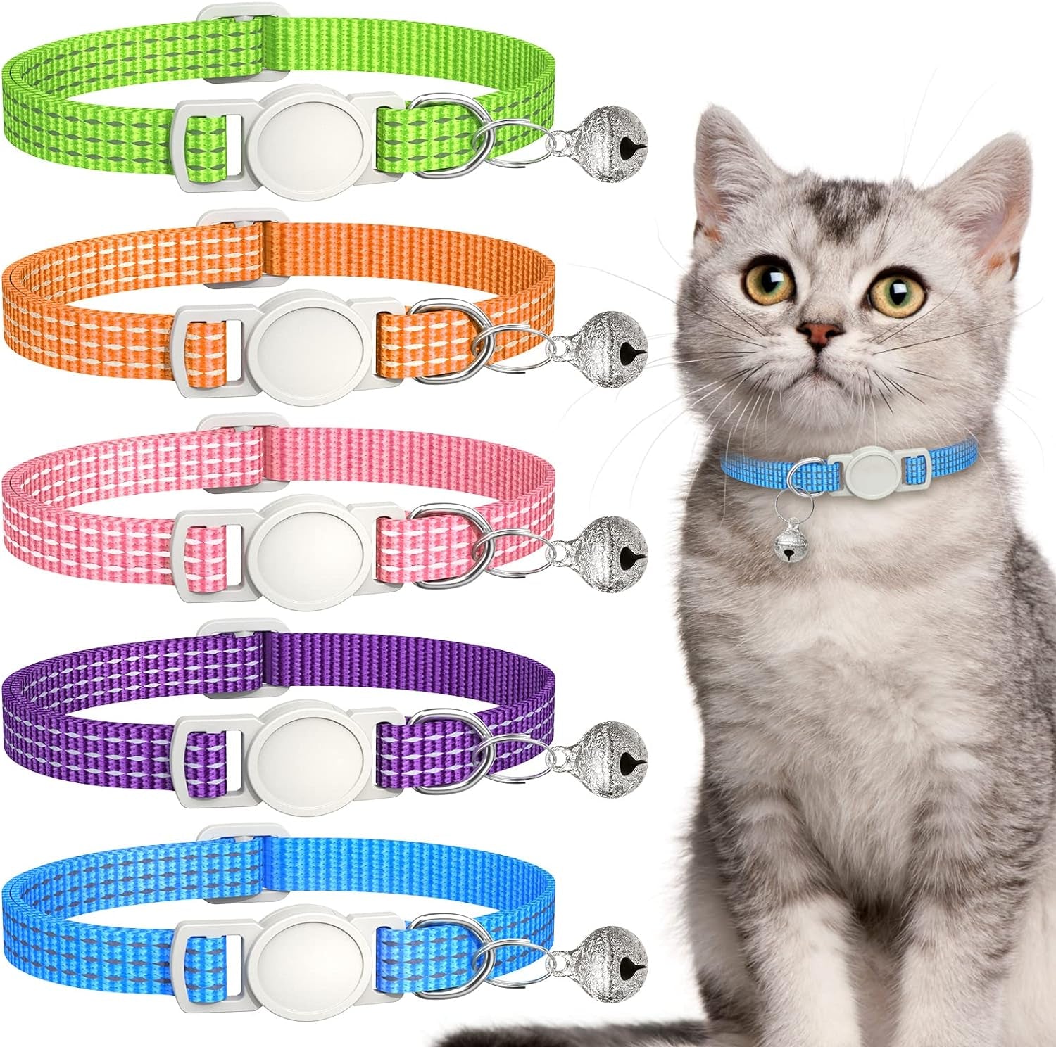 5 Pack Reflective-Breakaway Cat Collars with Bells,Adjustable Small Cat Collar,Ideal for Girl Cats Male Cats Kittens Puppies,Pet Supplies Stuff Accessories 7.9" - 13" (5 Classic Colors)