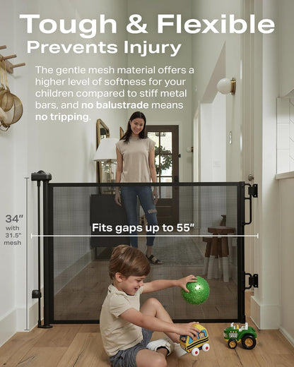 Cumbor Retractable Baby Gates for Stairs, Family & Mom'S Choice Awards Winner-Extends up to 55" Wide Mesh Dog Gate for the House, 34" Tall Safety Gates for Doorways,Pet Gate Indoor & Outdoor, White