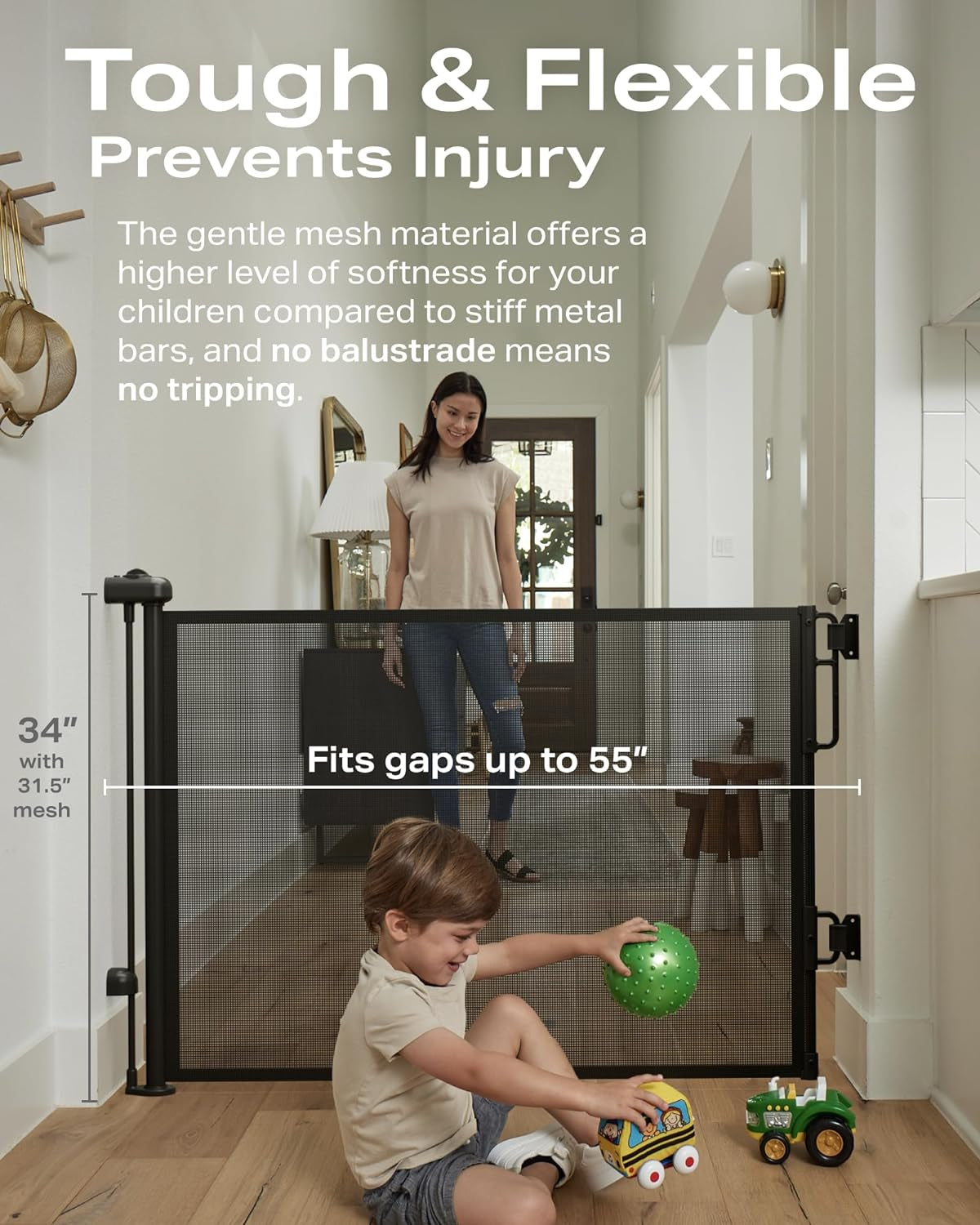 Cumbor Retractable Baby Gates for Stairs, Family & Mom'S Choice Awards Winner-Extends up to 55" Wide Mesh Dog Gate for the House, 34" Tall Child Gates for Doorways,Pet Door Indoor & Outdoor, Gray