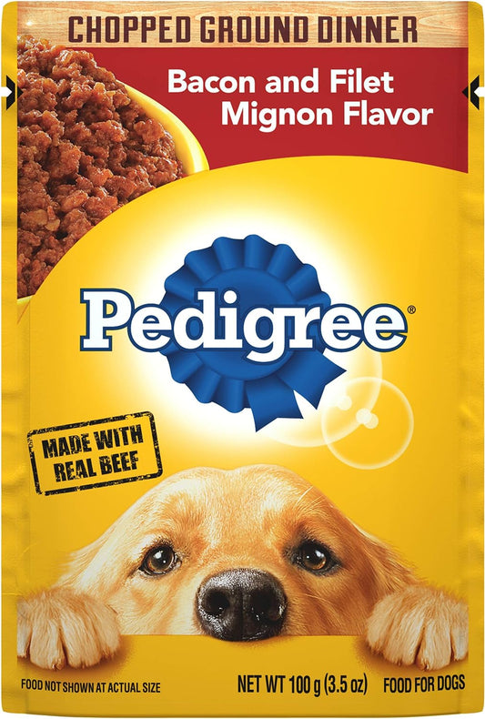 PEDIGREE CHOPPED GROUND DINNER Adult Soft Wet Dog Food, Bacon and Filet Mignon Flavor, 3.5 Oz Pouches, 16 Pack