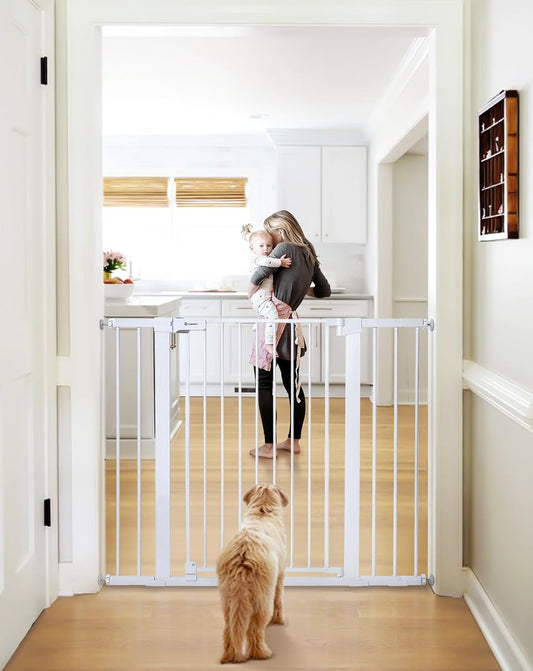COMOMY 36" Extra Tall Baby Gate for Stairs Doorways, Fits Openings 29.5" to 46" Wide, Auto Close Extra Wide Dog Gate for House, Pressure Mounted Easy Walk through Pet Gate with Door, White